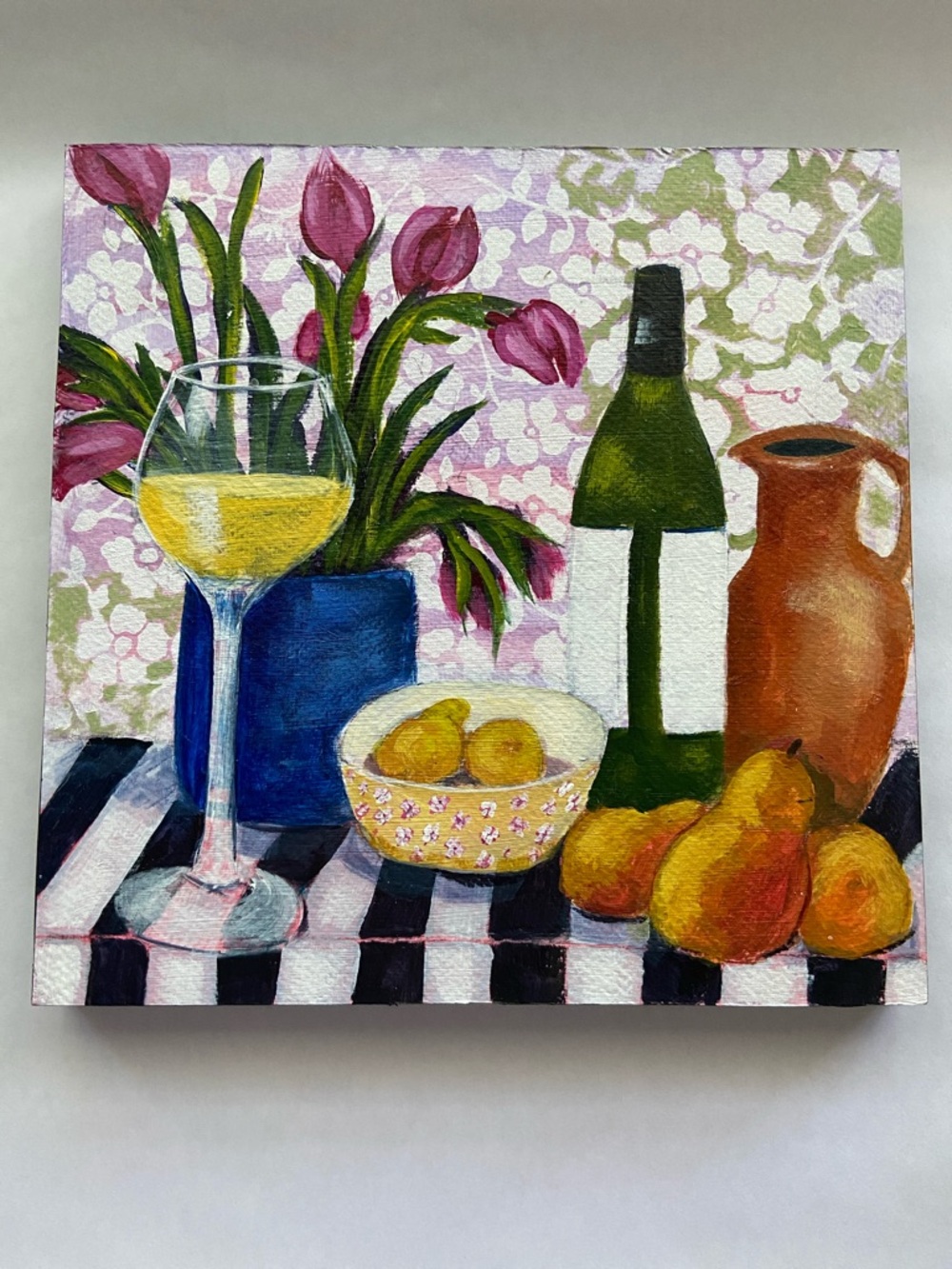 Wine and Tulips Still Life Original Acrylic Painting on 10" x 10" Wooden Panel